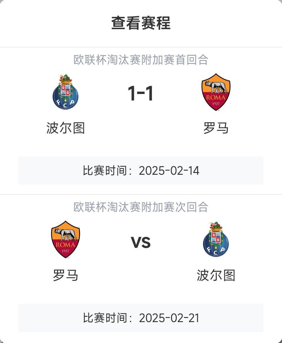  羅馬頂?shù)米幔恳饧讱W戰(zhàn)8隊3隊直通4隊出局，羅馬首回合1-1波爾圖