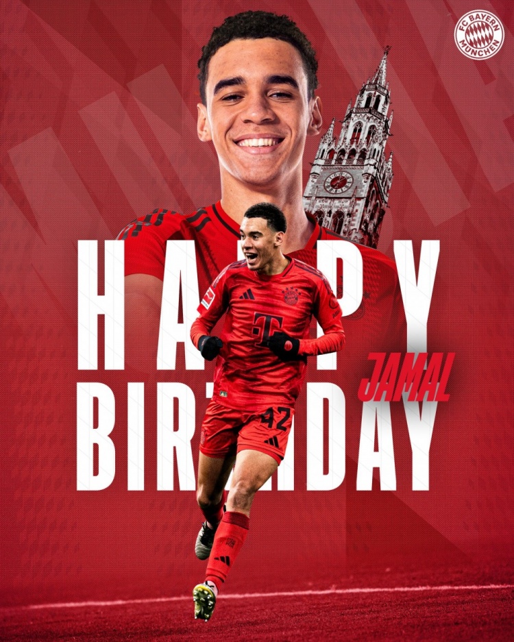  拜仁官方祝穆西亞拉22歲生日快樂，加盟至今出戰(zhàn)196次獲59球38助